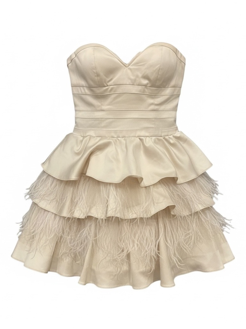 bebe Strapless Ivory Peplum Feathered Tiered Mini Dress Ruffles baby doll